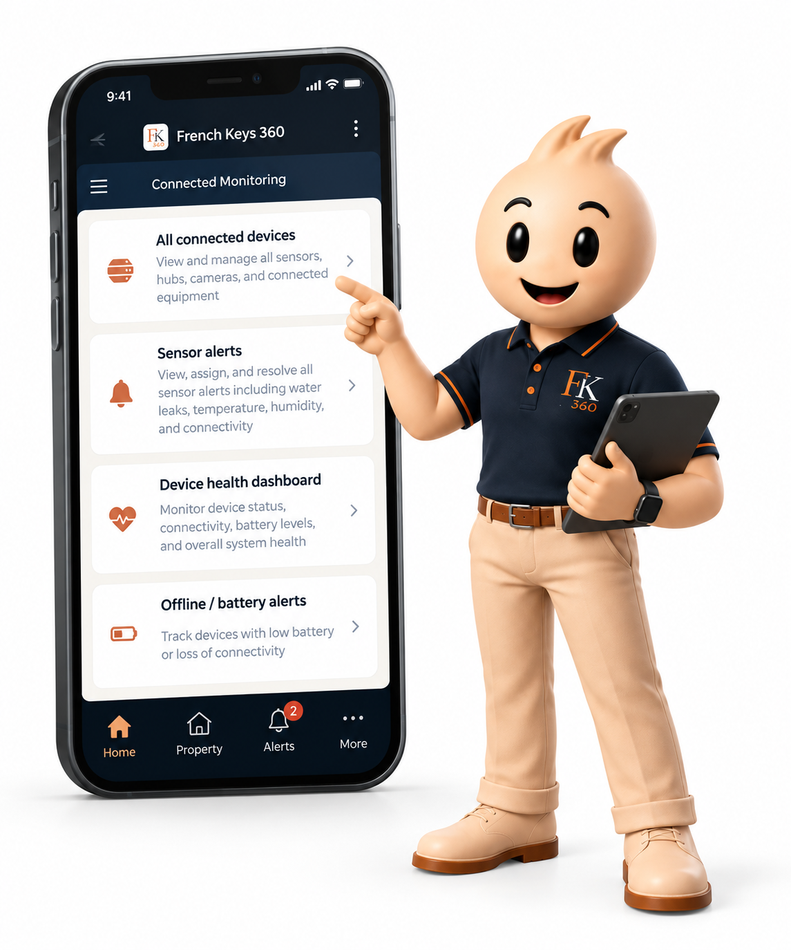KEYO beside the French Keys 360 app showing PropertyCare360 Home Watch updates
