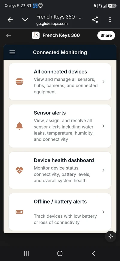 Authentic FK360 Connected Monitoring management screen showing device and alert menus