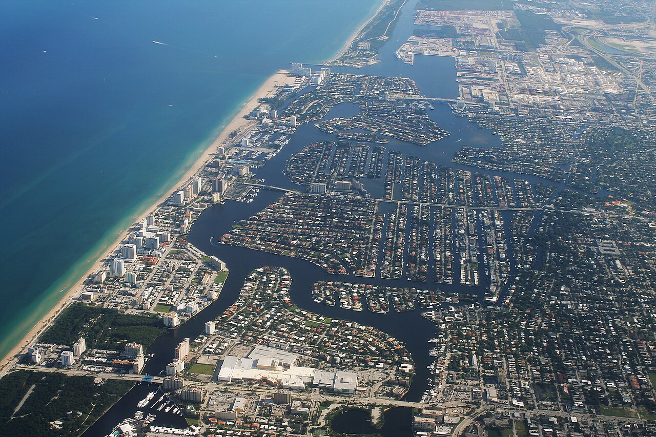 Aerial view of Fort Lauderdale canals, waterfront neighborhoods and coastline